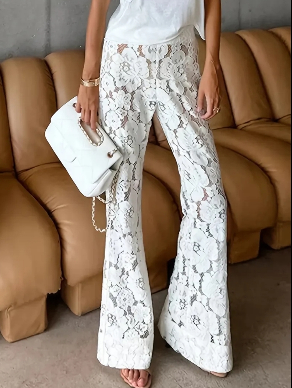 White Lace Flared Pants for Women - Picture 1 of 4